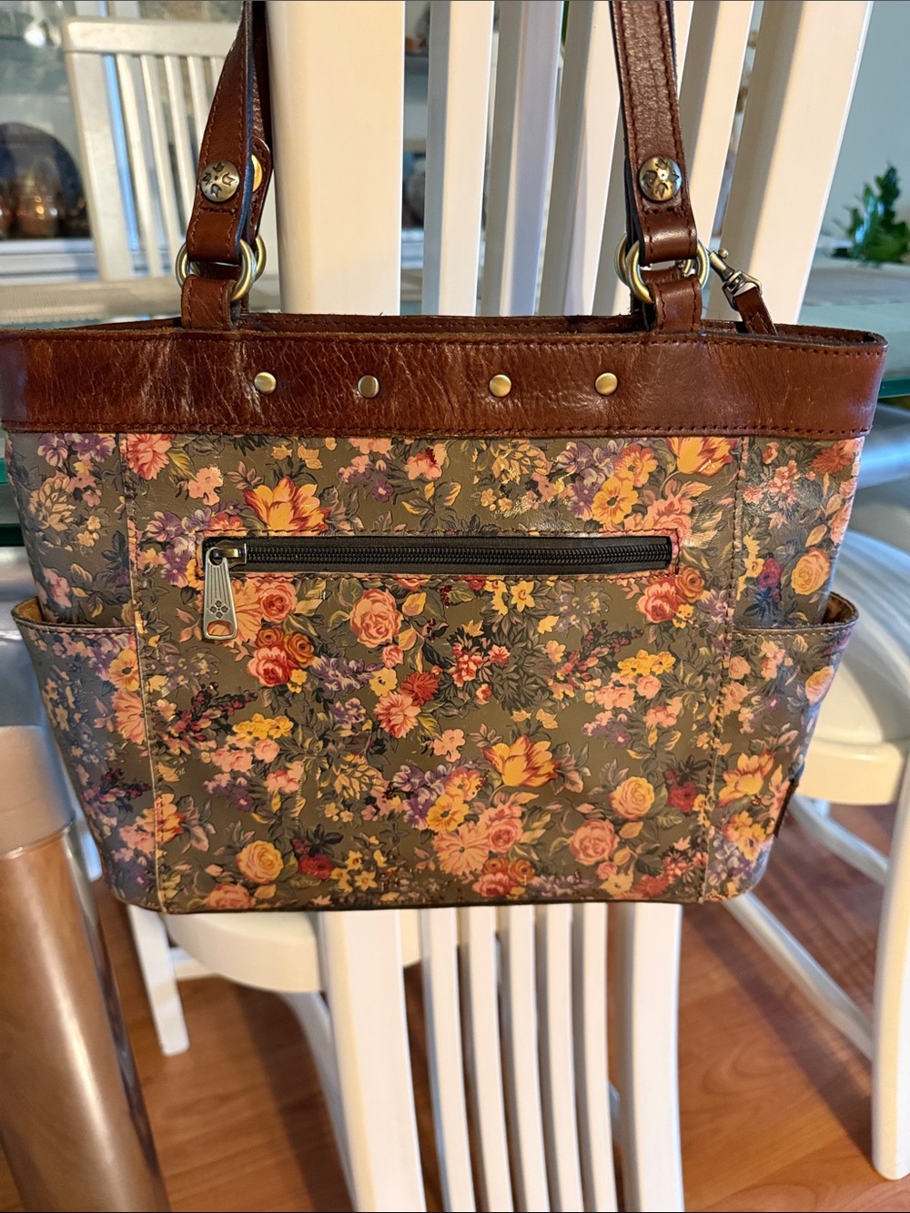 Floral Tote Handbag with Brown Trim - Women's Shoulder Bag